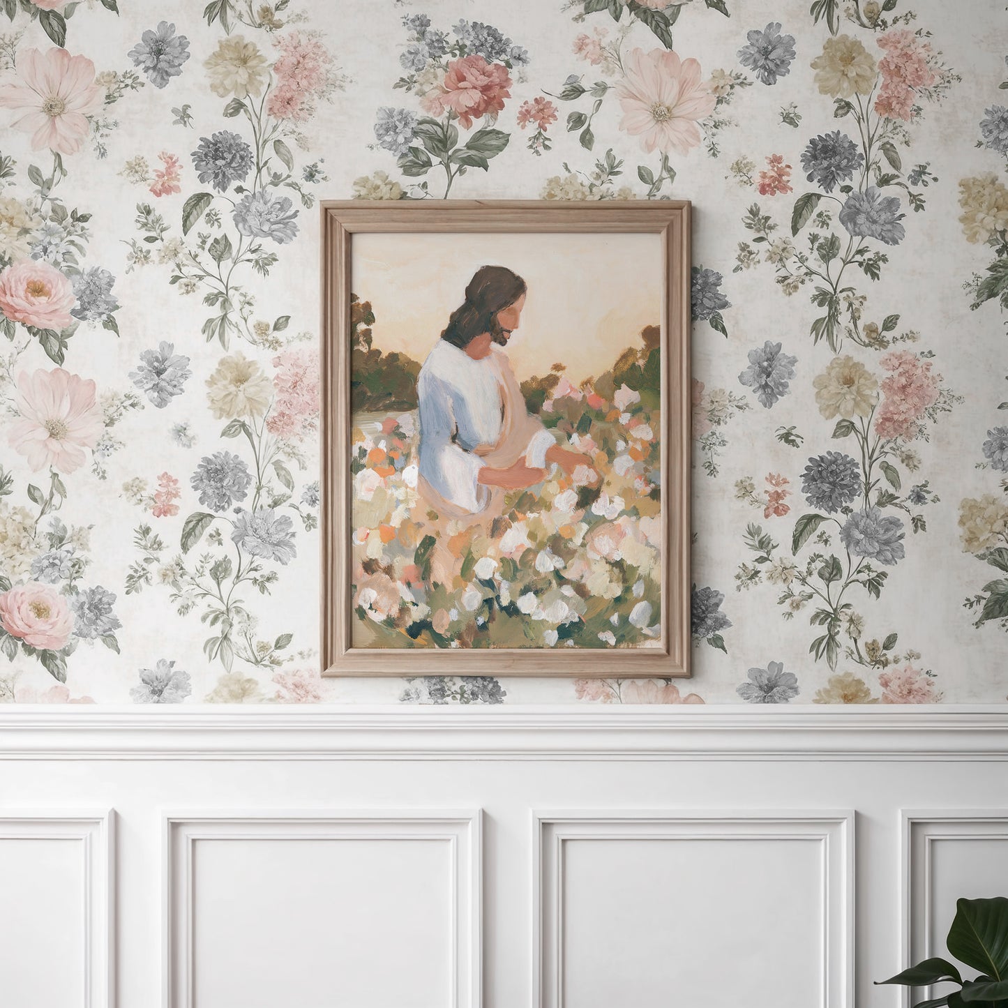 jesus watering flowers in garden christian wall art print