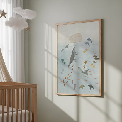 noahs ark boys room wall art blue ocean animals print