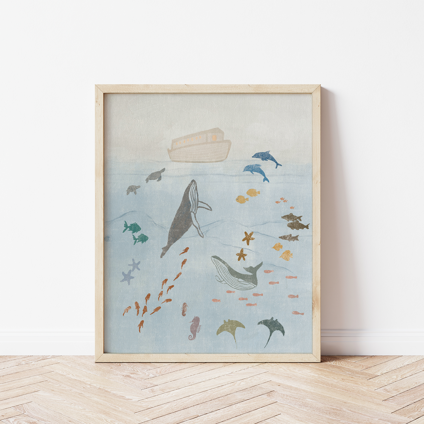 noahs ark boys room wall art blue ocean animals print