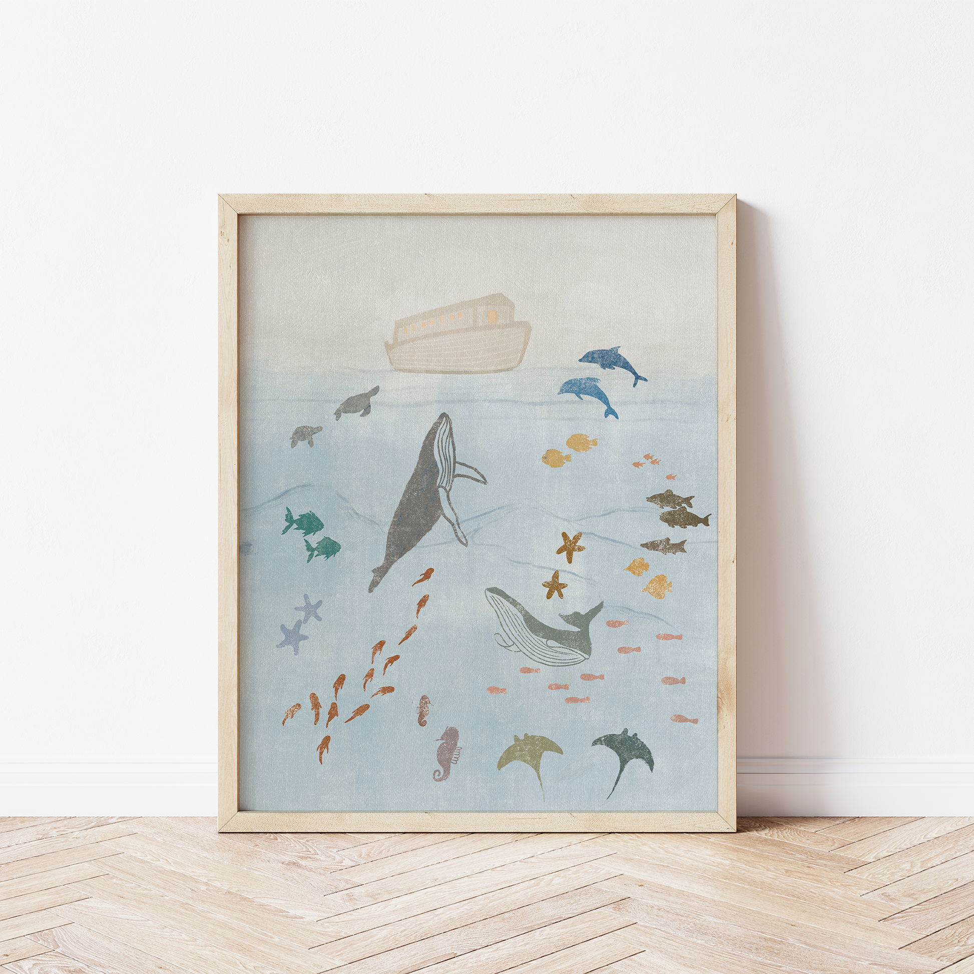 noahs ark boys room wall art blue ocean animals print
