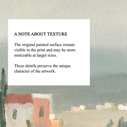 A square white informational card with the text 'A NOTE ABOUT TEXTURE' and a paragraph about the original painted surface visible in the print, placed over a soft abstract landscape artwork in muted gray-green tones with small warm red, beige, and yellow painted forms near the bottom.