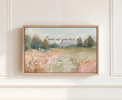 serene flower field with trees and quote “come as you are” – christian wall art print
