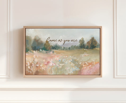 serene flower field with trees and quote “come as you are” – christian wall art print