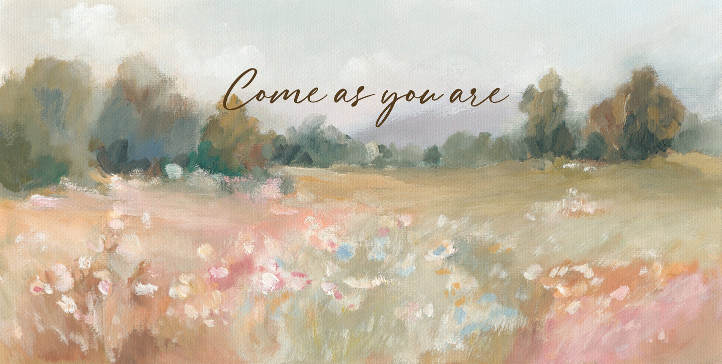 inspirational christian quote wall decor – come as you are – flower field landscape