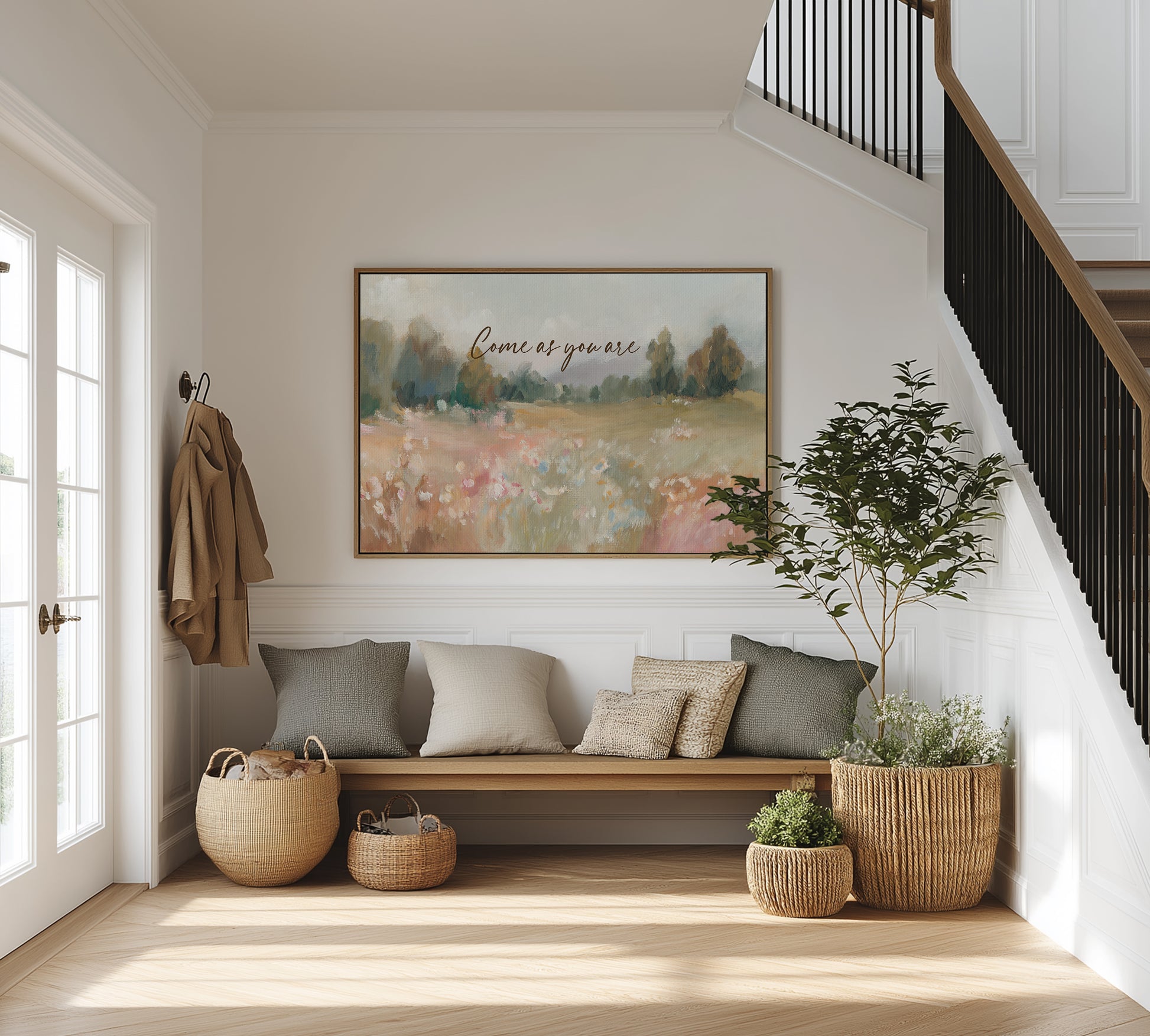christian wall decor for entry way– come as you are – flower field landscape