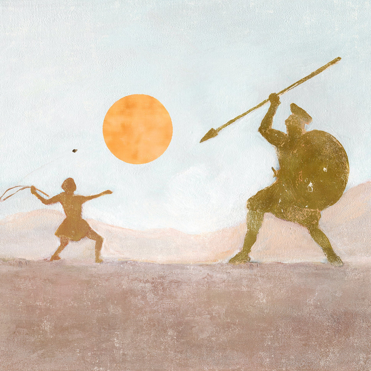 An oil painting of the ancient battle scene of David and Goliath  -young David releasing a sling stone toward the armored giant beneath an orange sun.