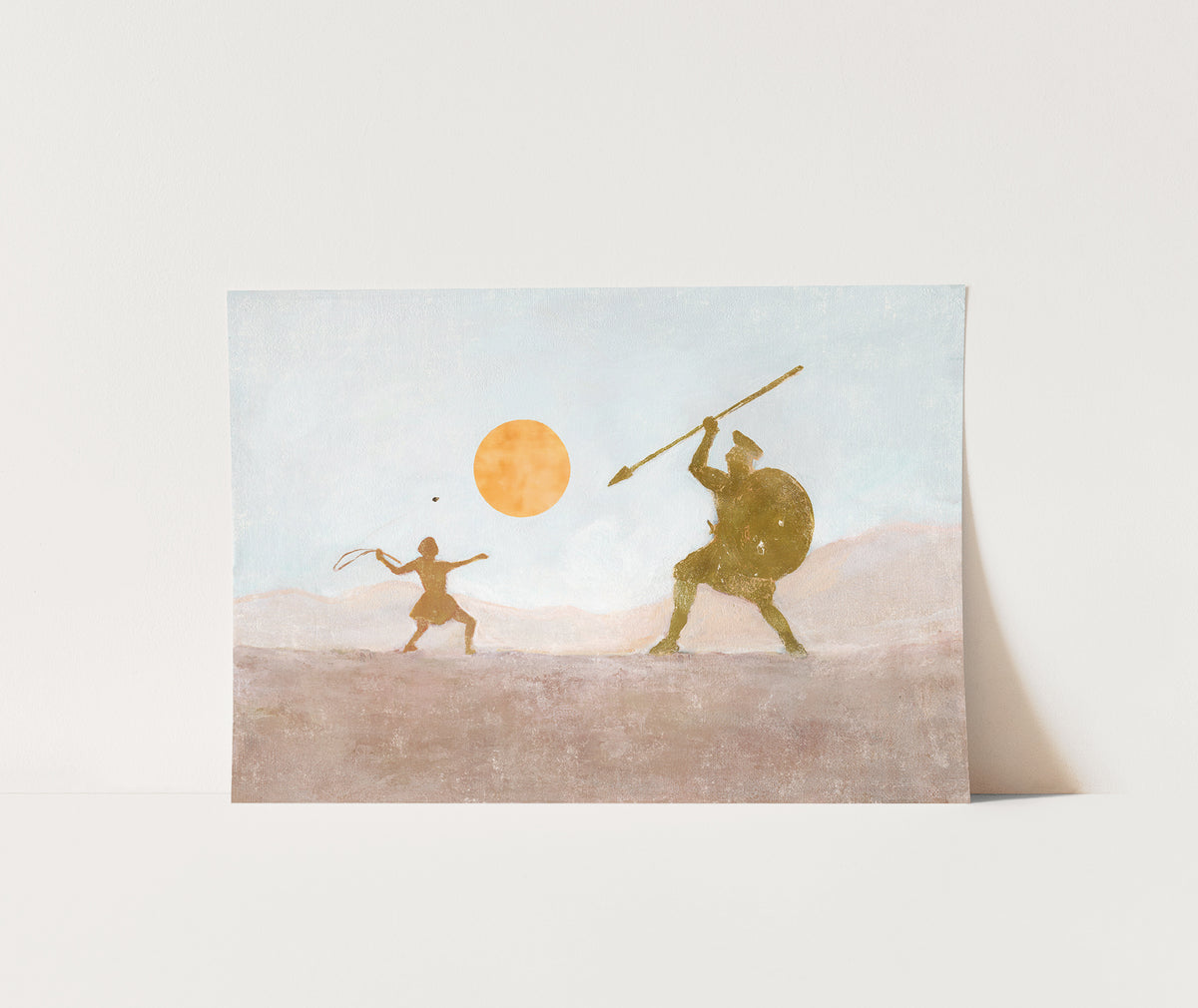 A paper art print depicting a stylized ancient battle scene of David and Goliath  -young David releasing a sling stone toward the armored giant beneath an orange sun.