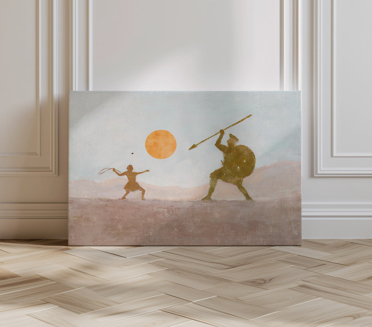 A stretched canvas print depicting a stylized ancient battle scene of David and Goliath  -young David releasing a sling stone toward the armored giant beneath an orange sun.