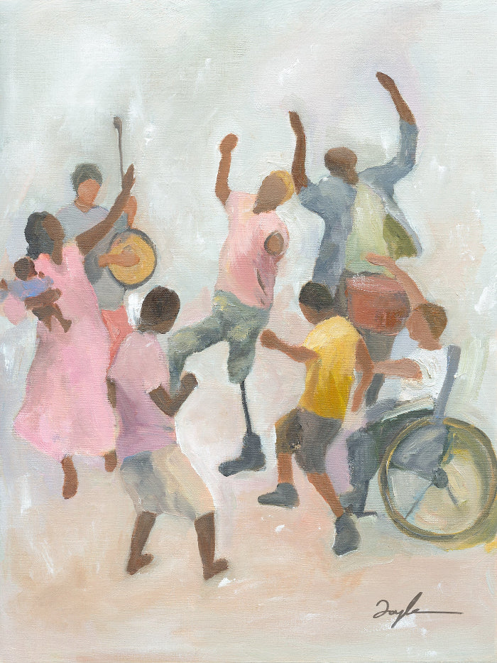 Colorful Christian wall art print of believers dancing with joy, representing joy in the Lord, God’s presence in suffering, and vibrant faith.