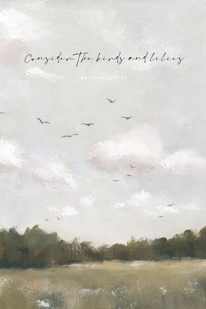 Modern Vintage Christian Art Print of Birds & Florals | Matthew 6 | “Field & Feather”