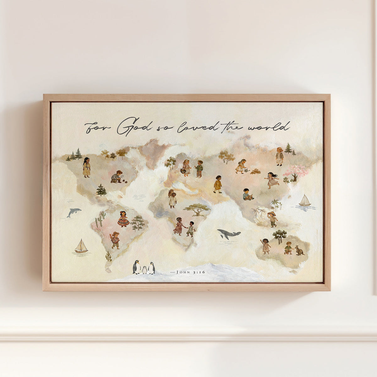 John 3:16 Christian world map painting with diverse children, animals, trees, and boats beneath the words “For God so loved the world.”