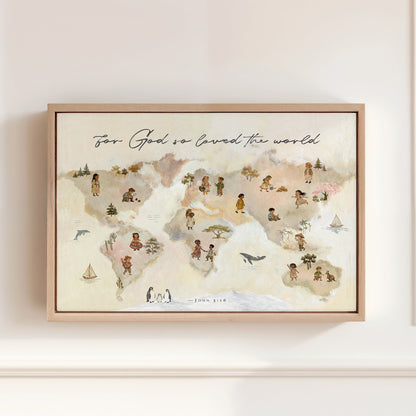 John 3:16 Christian world map painting with diverse children, animals, trees, and boats beneath the words “For God so loved the world.”