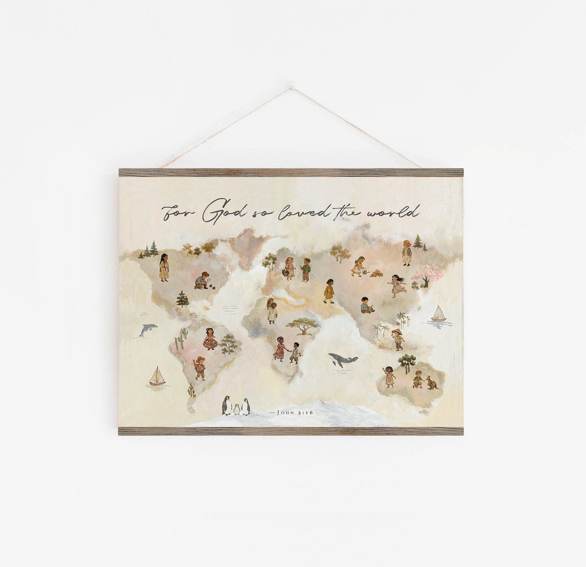 A rectangular wall hanging print with a watercolor-style world map, small illustrated figures, and the text 'For God we earned the world' at the top, suspended by a thin cord against a plain white wall.