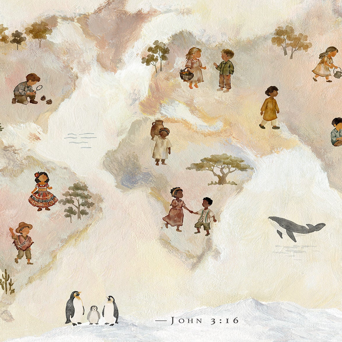 John 3:16 Christian world map painting with diverse children, animals, trees, and boats beneath the words “For God so loved the world.”