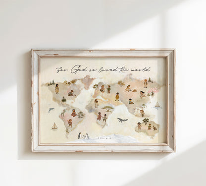 Framed world map wall art with a distressed white wood frame, hanging on a white wall. The map illustration is in soft pastel tones with small figures and landmarks, and the text 'For God we loved the world' appears at the top.