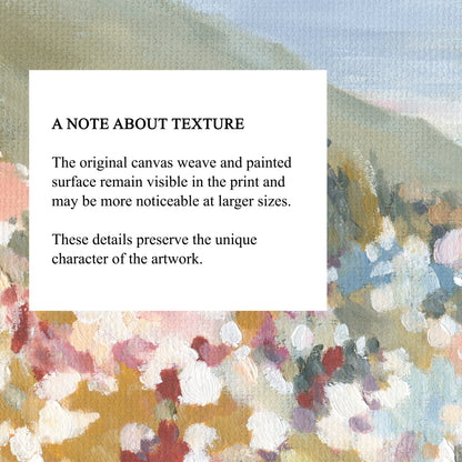 A close-up of a textured art print or canvas with a white informational card overlaid, reading 'A NOTE ABOUT TEXTURE' and describing visible canvas weave and painted surface details.