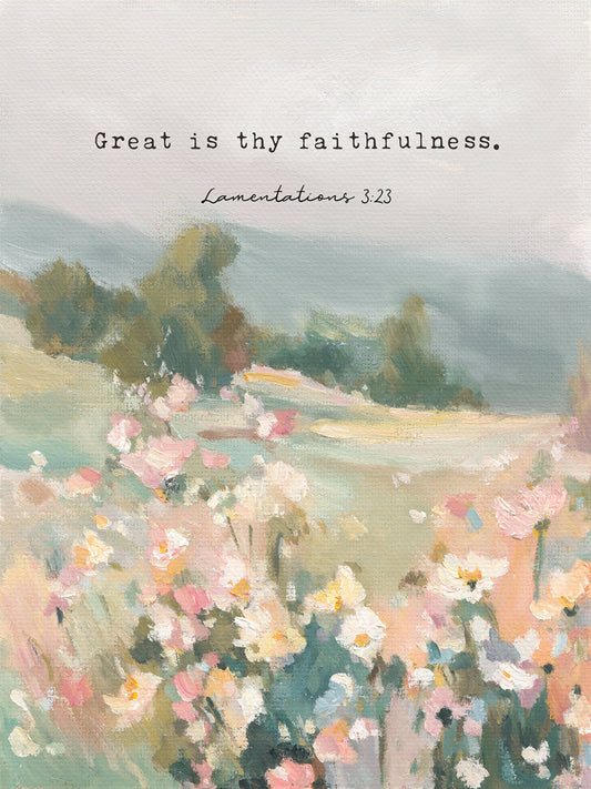 Christian wall art of wildflowers and trees with Lamentations 3:23 verse