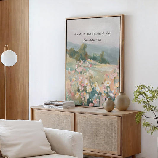 Christian wall art of wildflowers and trees with Lamentations 3:23 verse
