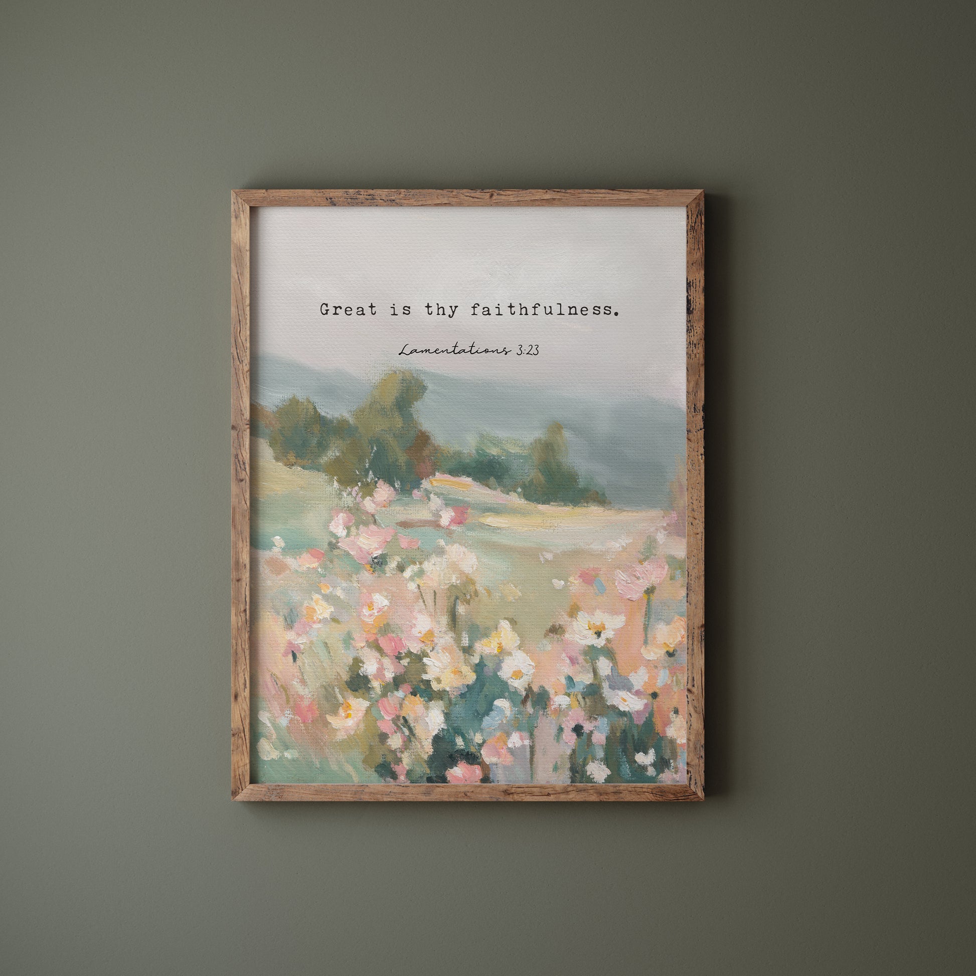 Christian wall art of wildflowers and trees with Lamentations 3:23 verse