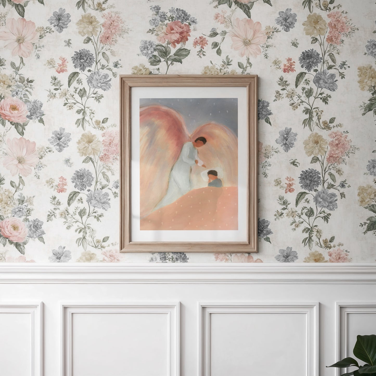 Guardian angel nursery wall art watching over sleeping child