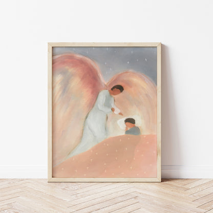 Guardian angel nursery wall art watching over sleeping child