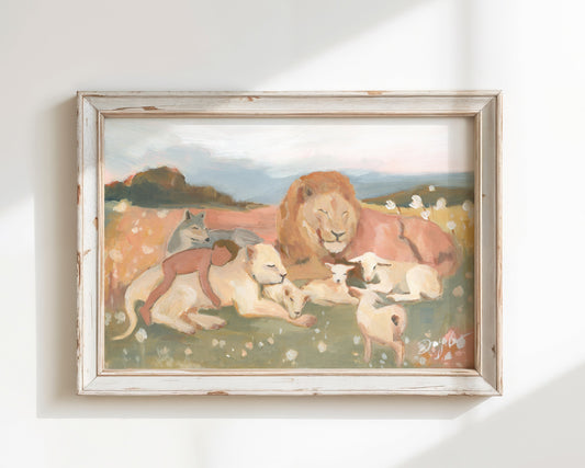 infant with animals inspired by isaiah 11 prophecy – christian wall art print