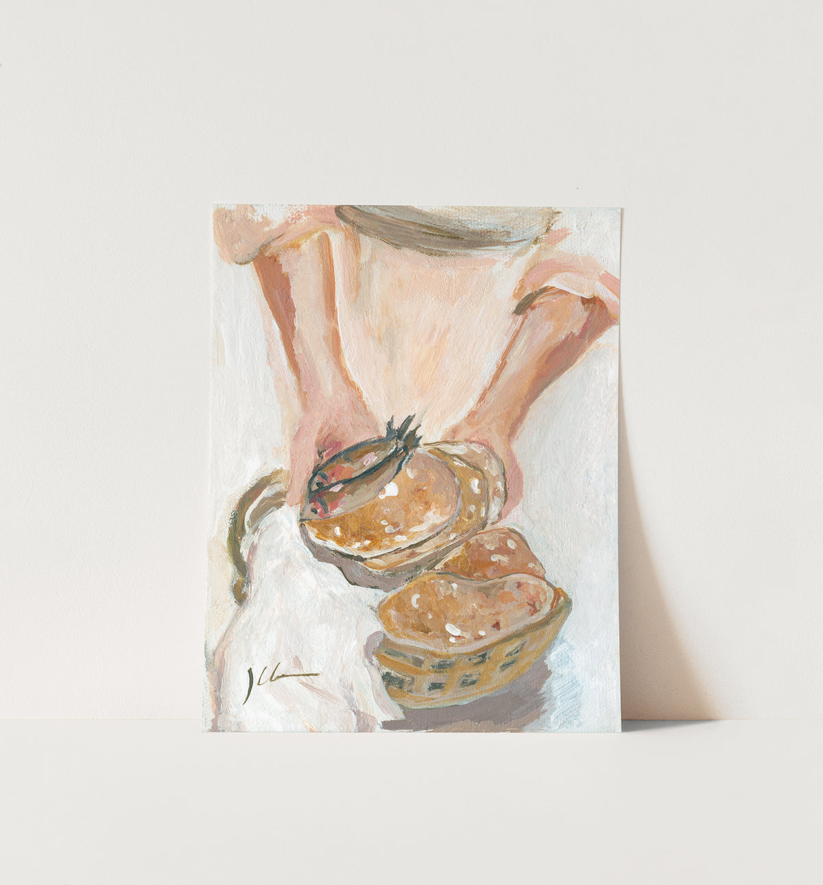 A vertical art print or card featuring a Textured painting of Jesus holding loaves and two fish above baskets of bread, inspired by the feeding of the five thousand.