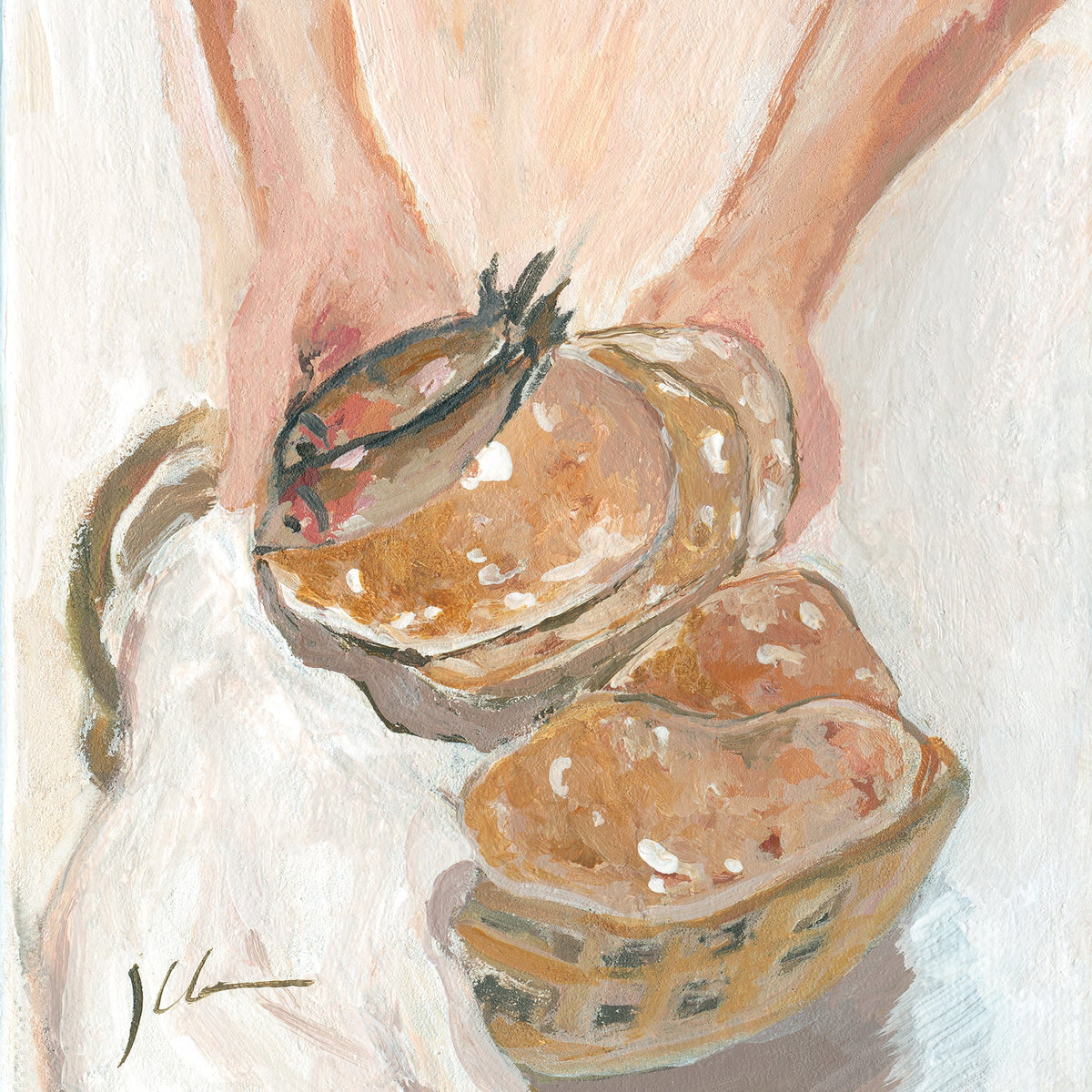 An impressionistic painting of Jesus holding loaves and two fish above baskets of bread, inspired by the feeding of the five thousand.