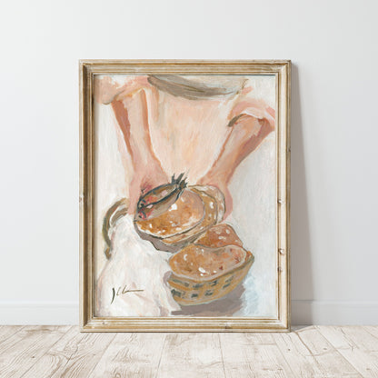 A framed Textured painting of Jesus holding loaves and two fish above baskets of bread, inspired by the feeding of the five thousand.