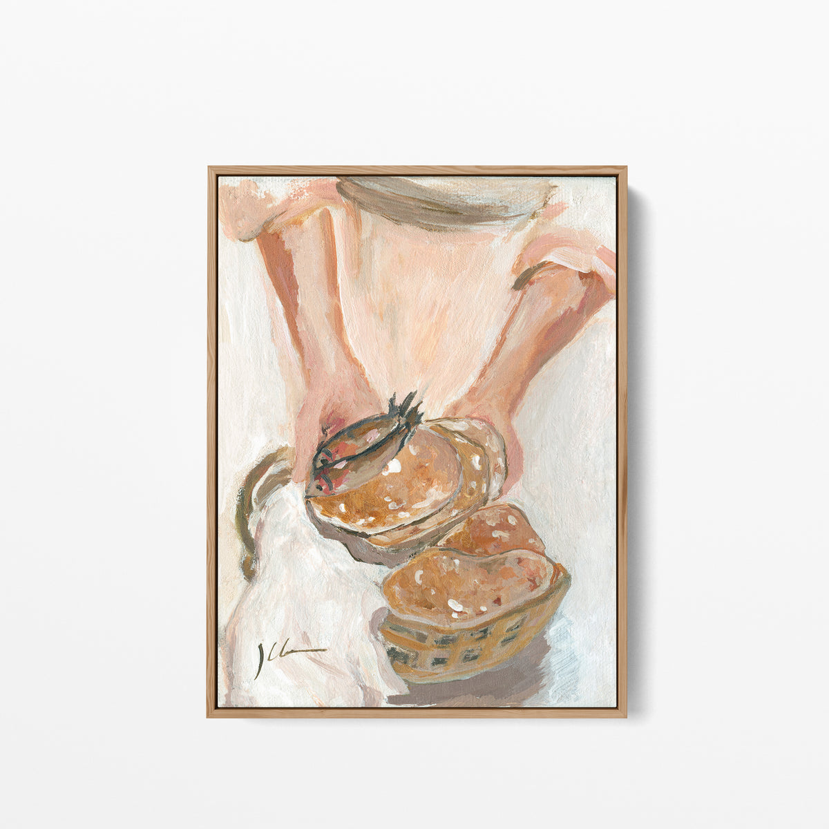 A framed art print of a Textured painting of Jesus holding loaves and two fish above baskets of bread, inspired by the feeding of the five thousand.