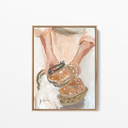 A framed art print of a Textured painting of Jesus holding loaves and two fish above baskets of bread, inspired by the feeding of the five thousand.