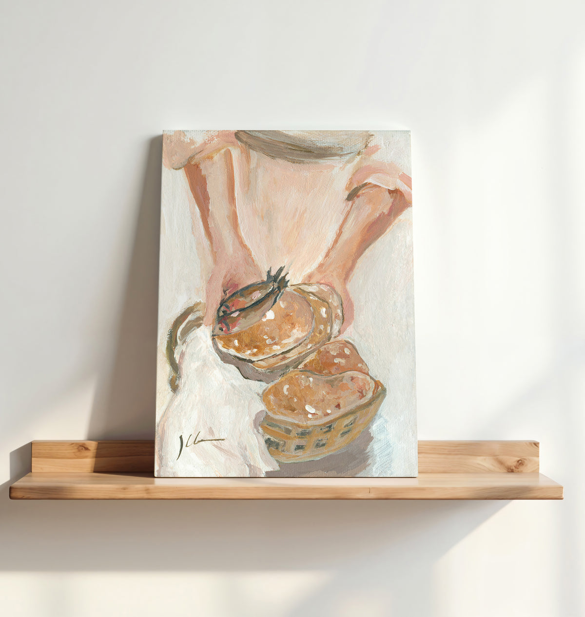 An canvas print of a Textured painting of Jesus holding loaves and two fish above baskets of bread, inspired by the feeding of the five thousand.