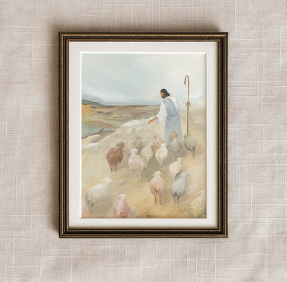 The Good Shepherd Christian art print in an antique bronze frame, showing Jesus leading His flock across a peaceful hillside.