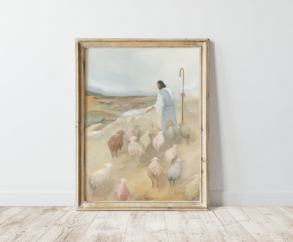 The Good Shepherd painting in a distressed gold frame, leaning against a light wall on a wooden floor.