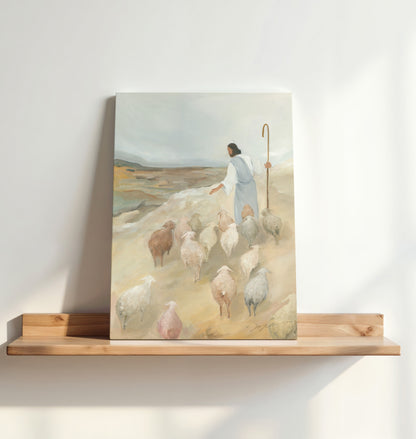 Unframed Good Shepherd art print displayed on a wooden shelf in warm natural sunlight.
