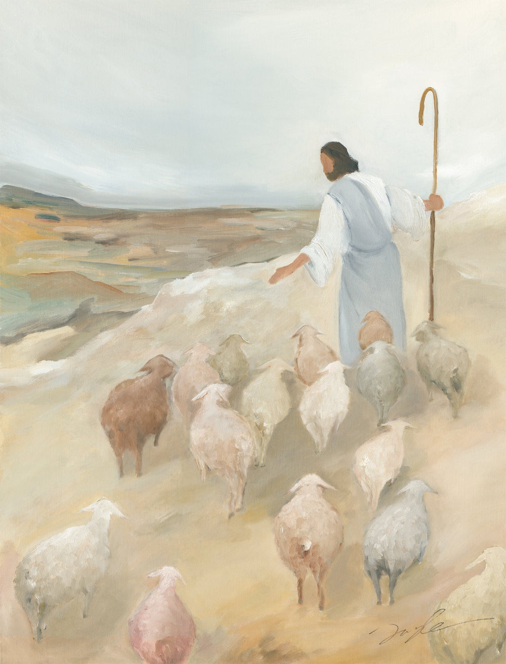 Pastoral painting of Jesus in a white robe holding a shepherd’s staff and leading His sheep across a quiet hillside.
