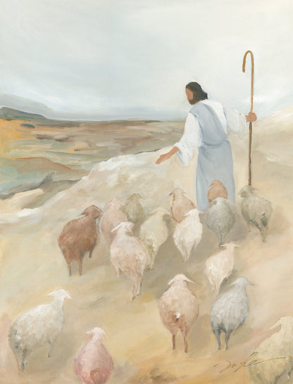 Pastoral painting of Jesus in a white robe holding a shepherd’s staff and leading His sheep across a quiet hillside.