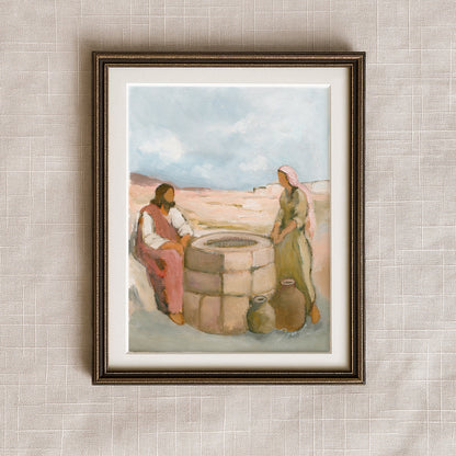Known at the Well Christian art print in an antique bronze frame, depicting Jesus and the Samaritan woman beside Jacob’s well.