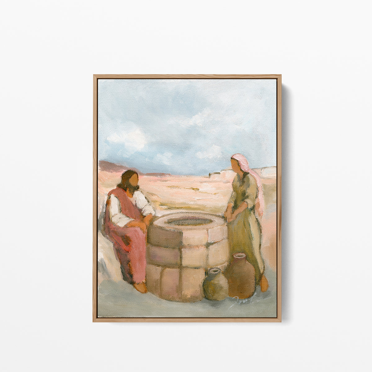 Known at the Well Christian art print in a  natural wood frame, inspired by Jesus and the Samaritan woman in John 4.