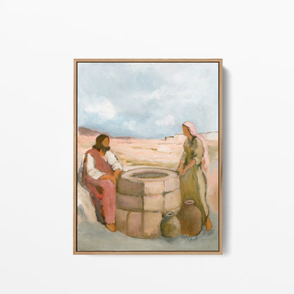 Known at the Well Christian art print in a  natural wood frame, inspired by Jesus and the Samaritan woman in John 4.