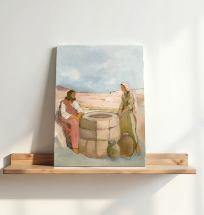 Unframed Jesus and the Samaritan woman art print displayed on a wooden shelf in warm natural light.