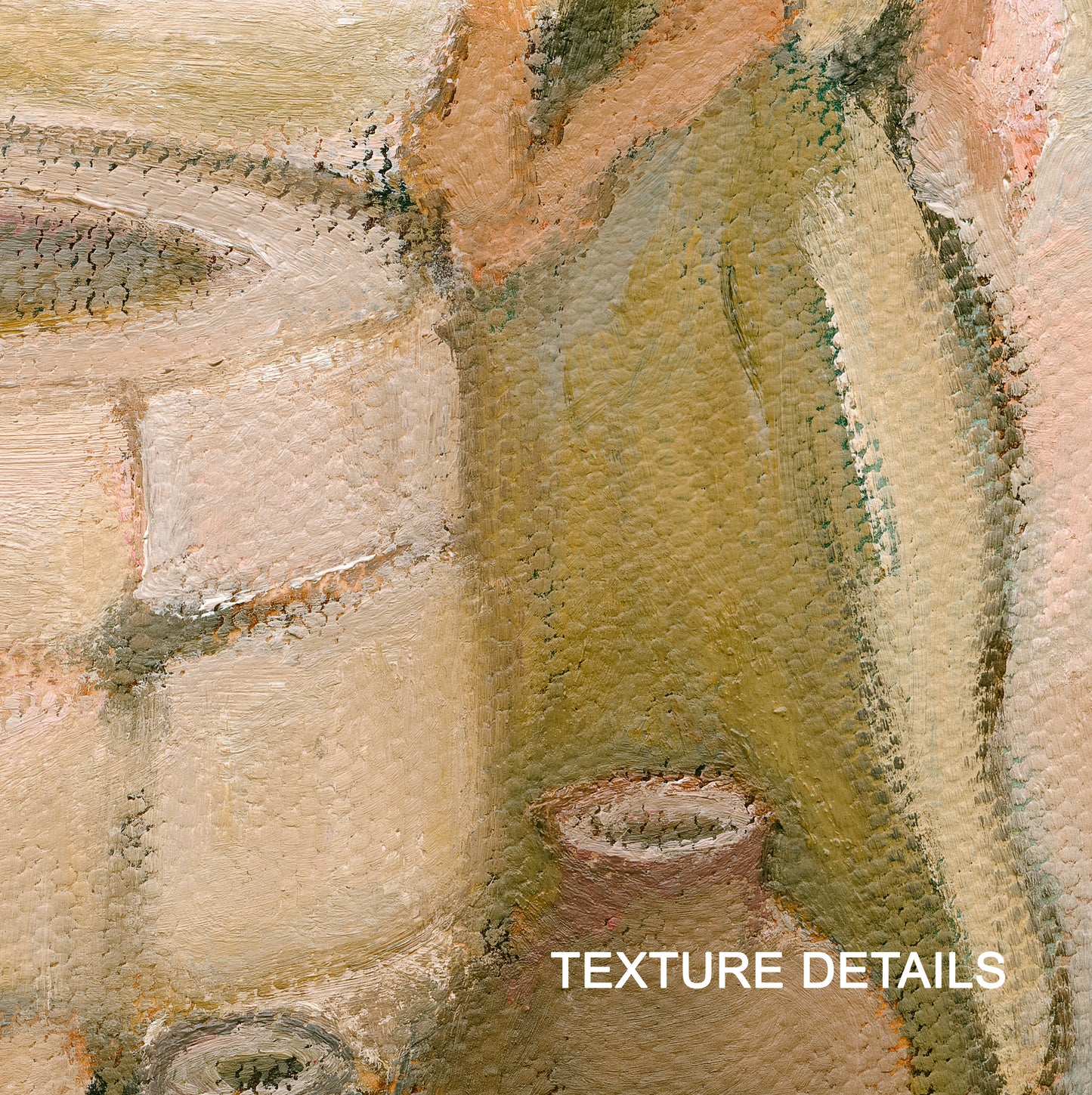 Close-up of textured brushwork on the Samaritan woman’s olive robe, clay water jar, and stone well.