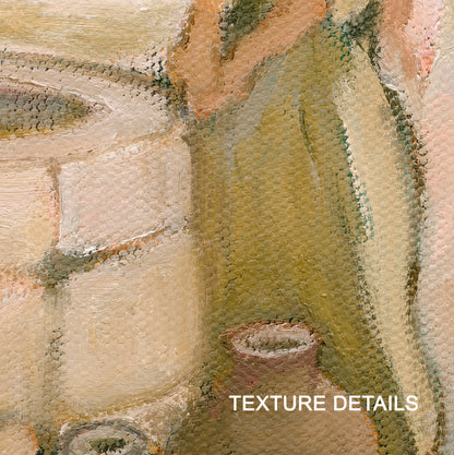 Close-up of textured brushwork on the Samaritan woman’s olive robe, clay water jar, and stone well.