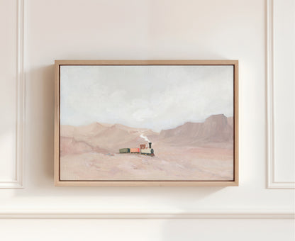 A framed canvas print of Hand-painted Christian artwork of a small steam train crossing a quiet desert landscape, symbolizing God’s truth leading faith and feelings. 