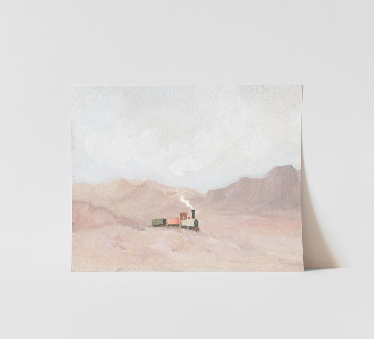 A Fine art paper print of a hand-painted Christian artwork of a small steam train crossing a quiet desert landscape, symbolizing God’s truth leading faith and feelings.