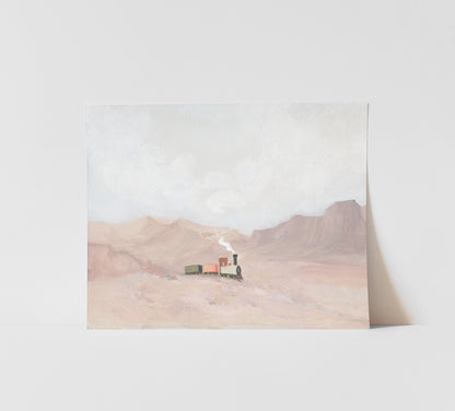 A Fine art paper print of a hand-painted Christian artwork of a small steam train crossing a quiet desert landscape, symbolizing God’s truth leading faith and feelings.