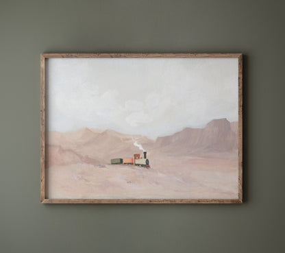 A framed landscape painting of a hand-painted Christian artwork of a small steam train crossing a quiet desert landscape, symbolizing God’s truth leading faith and feelings.