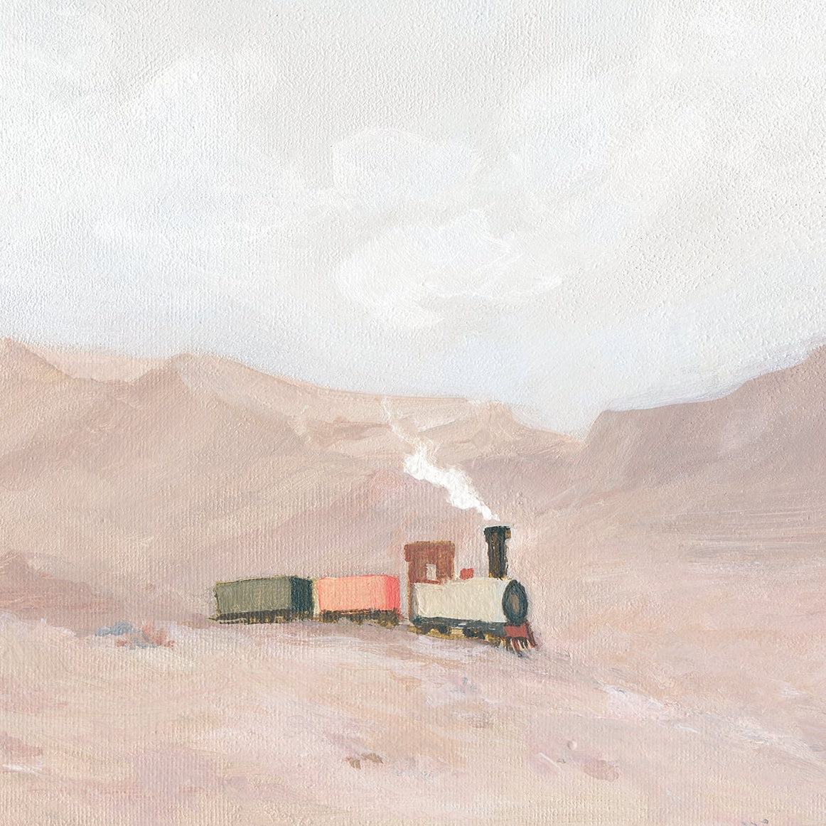 A hand-painted Christian artwork of a small steam train crossing a quiet desert landscape, symbolizing God’s truth leading faith and feelings.