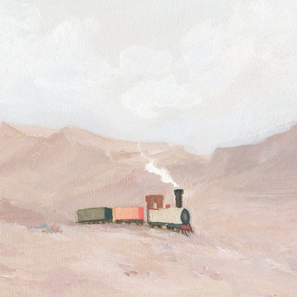 A hand-painted Christian artwork of a small steam train crossing a quiet desert landscape, symbolizing God’s truth leading faith and feelings.