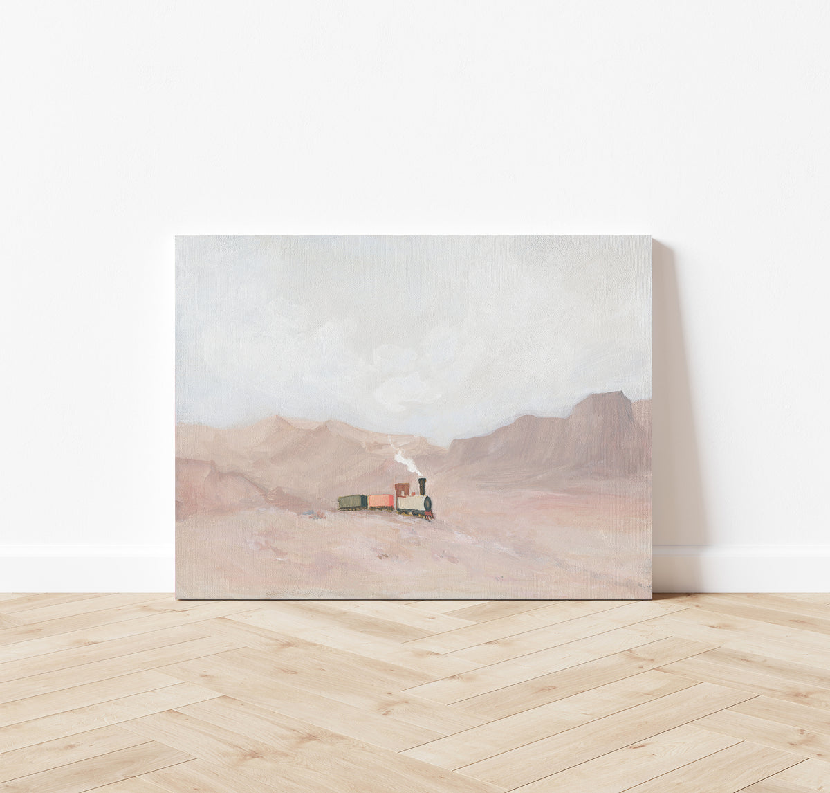 Hand-painted Christian artwork of a small steam train crossing a quiet desert landscape, symbolizing God’s truth leading faith and feelings.